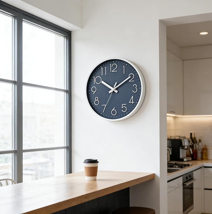 DAXSMY Wall Clock - 10 Inch Silent Non-Ticking Modern 3D Wall Clocks Battery Operated - Decorative Clock for Kitchen, Home Office, Bathroom, Bedroom(Azure Blue)