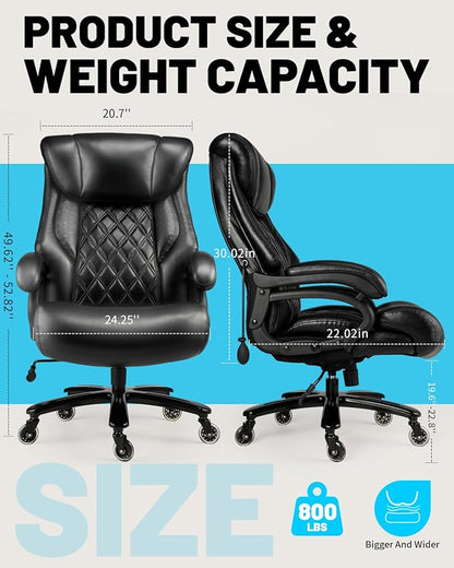 800lbs Executive Chairs, Executive Office Chairs for Big and Tall with Adjustable Lumbar Support, Office Chair for Heavy People, Leather Desk Chairs with Quiet Rubber Wheel and Extra Wide seat