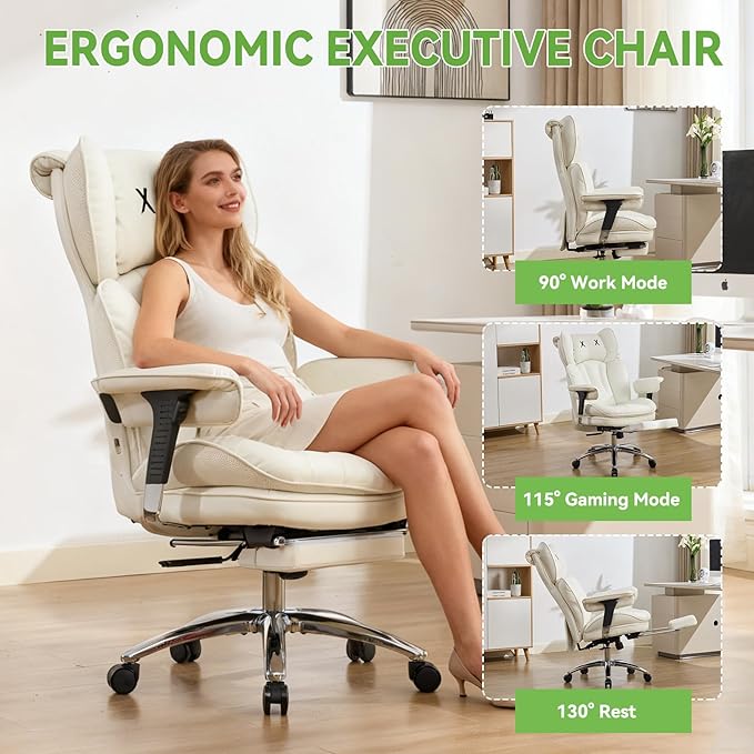 Efomao Big & Tall Executive Office Chair with Footrest - 400lbs Heavy Duty High Back PU Leather Desk Chair, Modern Ergonomic Reclining Computer Chair, White