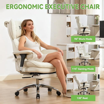 Efomao Big & Tall Executive Office Chair with Footrest - 400lbs Heavy Duty High Back PU Leather Desk Chair, Modern Ergonomic Reclining Computer Chair, White
