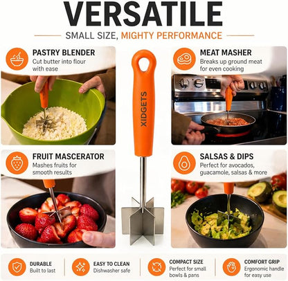 Stainless Steel Mini Meat Chopper & Masher | 6-Blade Ground Beef Chopper Tool | Small Hamburger Smasher | Compact Ergonomic Handle | Dishwasher Safe - 7" (Retro Orange Mini)