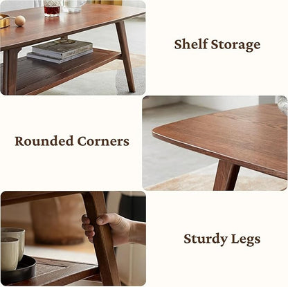 100% Solid Wood Coffee Table with Storage Shelf, 2-Tier Wooden Center Table for Living Room, Farmhouse Rustic Rectangle Table, Easy Assembly, 39.37inch