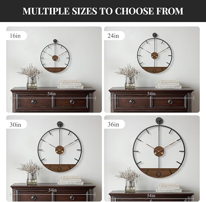 Cuspin 16 Inch Wall Clock with Walnut Wood Dial, Modern Decorative Clock Silent Non-Ticking Battery Operated Metal Frame for Living Room, Kitchen, Office, or Bedroom Wall Decor, Black and Brown