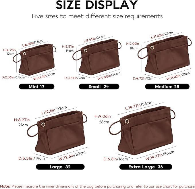 GIVLEFLY，Drawstring，Purse Organizer, Satin material Bag Organizer Insert Purse Organizer For Tote, Handbag,Satin material，Portability (Brown,Large)