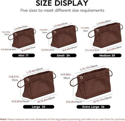 GIVLEFLY Purse Organizer Insert with Multiple Pockets, Drawstring Satin Tote Bag Organizer, Small Light Weight Purse Liner with Zipper Pocket Fit for Anjou Mini Neverful BB and More (Brown,Mini)