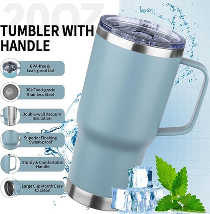 20oz Insulated Tumbler with Handle Stainless Steel Travel Coffee Mug with Lid and Straw Double Wall Vacuum Leak-proof Reusable Thermal Water Cup for Hot and Cold Drinks (Glacier blue,1 Pack)