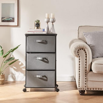 MAX Houser Dresser Tower with 3 Drawers for Bedroom, Fabric Storage Organizer Unit, Chest of Drawers with with WoodTop, Small Vertical Storage for Guest Room, Closet, Entryway(Grey)