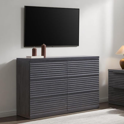 SICOTAS Sideboard Buffet Cabinet with Storage, Modern Credenza Storage Cabinet with 3 Larger Drawers, Fluted Media Console Mid Century Coffee Bar Table for Dining Room, Hallway, Dark Grey Alder