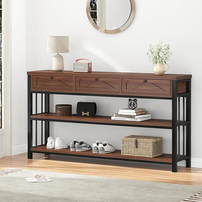 HSH 55” Sofa Table with Drawers, Entryway Table with Storage Shelf, 3 Tier Console Table with Storage Behind Couch for Living Room, Rustic Wood Metal Entry Hallway Table for Entrance, Walnut, 55 in