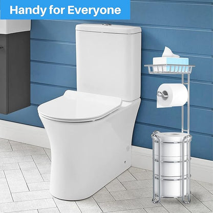 Toilet Paper Holder Stand with Shelf for Phone, Bathroom Free Standing Tissue Roll Storage Rack with Dispenser for 4 Mega Rolls, Chrome