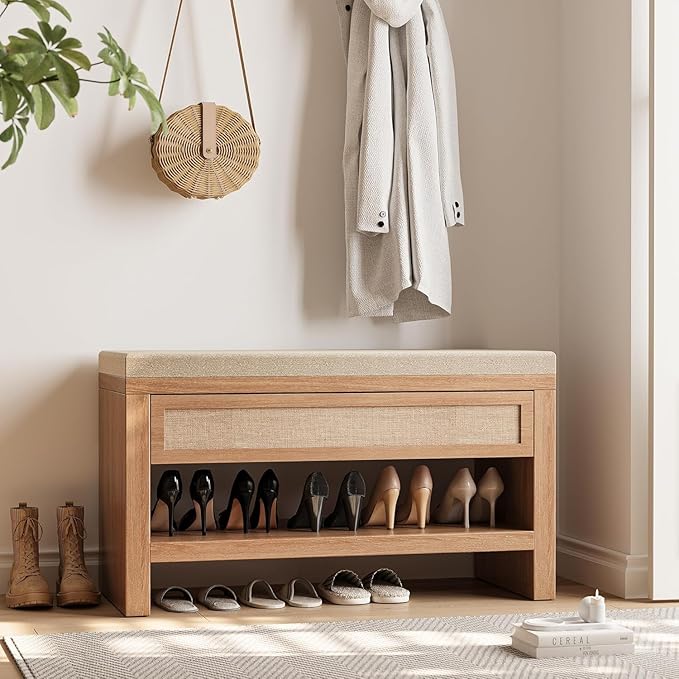 32" Farmhouse Shoe Storage Cabinet with Drawer, Upholstered Entryway Seat with Linen Cushion, Sturdy Wood Shoe Rack Bench for Hallway Living Room Bedroom, Oak Finish