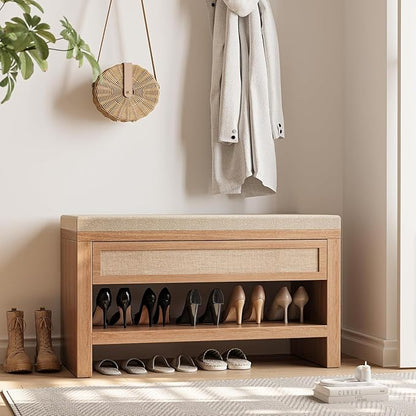 32" Farmhouse Shoe Storage Cabinet with Drawer, Upholstered Entryway Seat with Linen Cushion, Sturdy Wood Shoe Rack Bench for Hallway Living Room Bedroom, Oak Finish