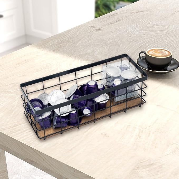 TIEYIPIN Farmhouse Small Metal Wire Storage Basket Bin, Rustic Home Storage Organizer with Wooden Bottom for Kitchen, Cabinets, Bathroom Counter, Pantry, Garage, Laundry Room - Black (4 Pack)