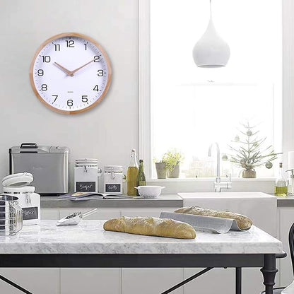 Kesin 12 Inches Wooden Round Silent Wall Clock White Wood Wall Clocks Analog Digital Battery Operated Non Ticking for Living Room Kitchen Bedroom Office Vintage Home Decor