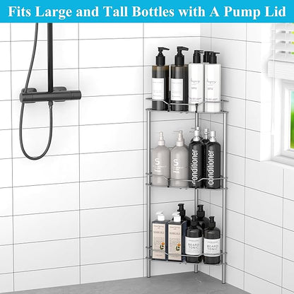 3 Tier Floor Standing Corner Shower Caddy Organizer Shelf with Hooks, Bathroom Shelves Stand Rack, Gray