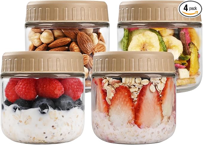 SHOWIN Overnight Oats Containers with Lids, 10oz Glass Jars with Lids 4 pcs, Taffy, Wide Mouth Mason jars for Salad, Yogurt, Snacks, Meal Prep