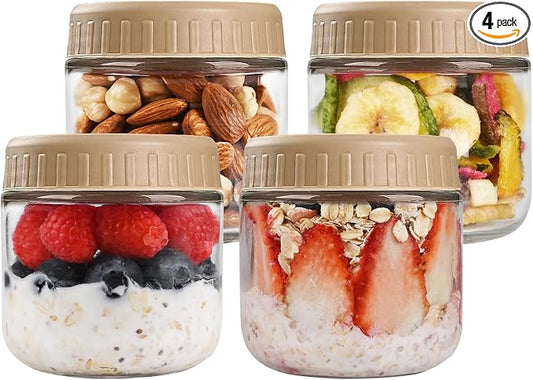 SHOWIN Overnight Oats Containers with Lids, 10oz Glass Jars with Lids 4 pcs, Taffy, Wide Mouth Mason jars for Salad, Yogurt, Snacks, Meal Prep
