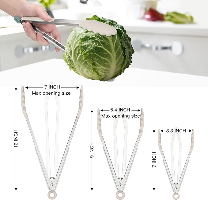 HOTEC Premium Stainless Steel Locking Kitchen Tongs with Silicon Tips, Set of 3-7", 9" and 12" (Khaki)