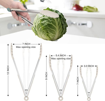 HOTEC Premium Stainless Steel Locking Kitchen Tongs with Silicon Tips, Set of 3-7", 9" and 12" (Khaki)