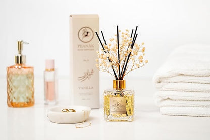 Reed Diffuser Set - Vanilla Coconut Oil, Oil Diffuser Sticks, Bathroom Diffuser, Bathroom Shelf Decor, 200ml with Preserved Flowers - PEANÄK