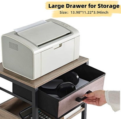Lerliuo Grey Printer Stand with Fabric Drawer, 3 Tier Industrial Side Table, Modern Small Printer Desk Holder with Storage Shelf,Multi-Functional Bedside Tables for Home Office Fax Machine Scanner