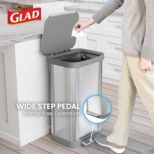 Glad 20 Gallon All Brushed Stainless Steel Trash Can with Clorox Odor Protection | Large Metal Kitchen Garbage Bin with Soft Close Lid, Garbage Bag Rings, Step On Foot Pedal and Waste Bag Roll Holder