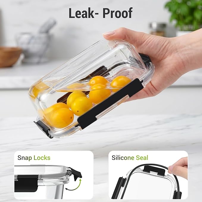 Dealusy 10 Sets (20-Piece) 4.5 Cup & 1.5 Cup Glass Food Storage Containers with lids, Airtight Leak-proof Glass Meal Prep Containers with Lids, Microwave Oven Freezer Dishwasher Safe, Black