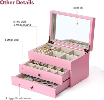 Meangood Jewelry Box Organizer for Women, 3 Layer Large Jewelry Storage Case, Rustic Wooden Jewelry Box with Mirror & Ring Tray for Necklace Earring Bracelets Rings, Vintage Style (Pink)