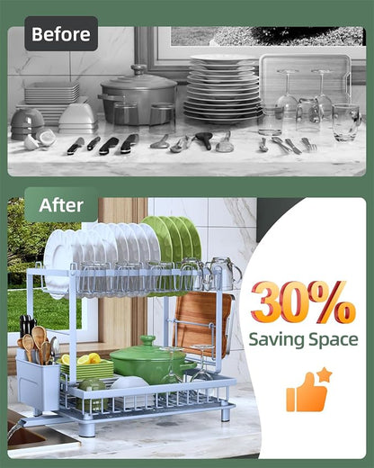 Dish Drying Rack 2-Tier Dish Racks with Drainboard, Rustproof, Space-Saving Dish Rack, Utensil & Cup Holder for Kitchen Counter, Blue