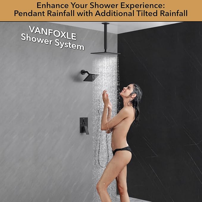 VANFOXLE Shower Faucet Set Matte Black Shower System, Push Button Diverter Shower Faucet with Trim Kit, Ceiling Mount 10 Inch Shower Head Increased Thick, 6 Inch Side Shower Head, 2-in-1 Handheld
