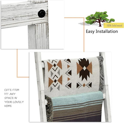 FUIN 6.4ft Extra Wide Wooden Blanket Ladder Living Room Decorative Wal Leaning Farmhouse Quilt Display Holder Rustic Wood Towel Rack for Bathroom, White, 24 inch Wide