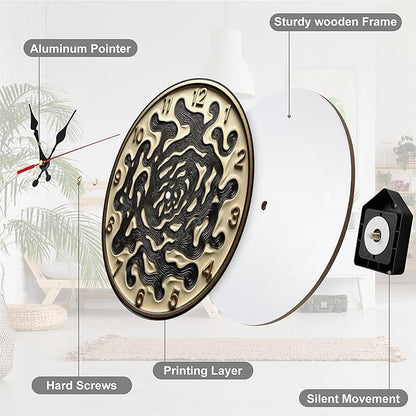 Wall Clock, Abstract Non Ticking Wall Clocks Battery Operated, Golden Wooden Wall Clocks for Kitchen, Living Room, Bedroom, Office, Bathroom Decorative 10 Inch