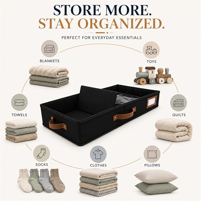 HOMELUX THEORY 2pc Under Bed Storage Containers, Bedroom Under the Bed Drawer Storage Organizer with Bins and Lids, Large Underbed Clothes Storage Box Ideal for Blanket, Fabric, & Shoes (Black)