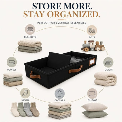 HOMELUX THEORY 2pc Under Bed Storage Containers, Bedroom Under the Bed Drawer Storage Organizer with Bins and Lids, Large Underbed Clothes Storage Box Ideal for Blanket, Fabric, & Shoes (Black)