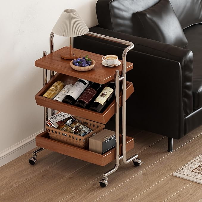 Solid Wood Rolling End Table Cart with Adjustable Storage - 3-Tier Stainless Steel Fame Side Table on Wheels Narrow Bedside Storage Table Small Bar Serving Cart for Living Room