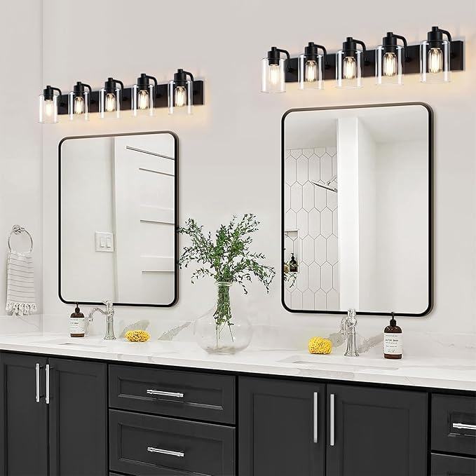 Matte Black Bathroom Light Fixtures,5-Light Bathroom Lights Over Mirror with Clear Glass Shade,Wall Sconces for Bathroom, Bedroom, Hallway