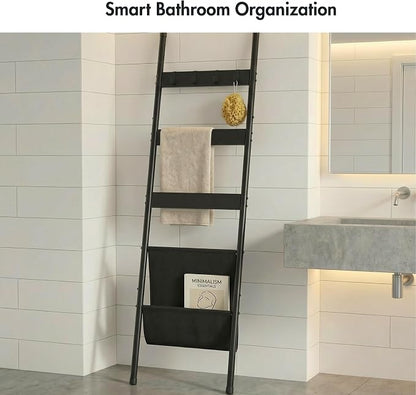 Blanket Ladder, 5 Tier Towel Rack, Wall-Leaning Blanket Rack for Living Room, Decorative Ladder with 4 Hooks and Magazine Pocket 17.3" L x 63" H - Black