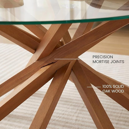 Round Glass Coffee Table-Mid Century Modern Solid Wood Coffee Table | Unique Glass Top&Solid Wood Mortise Interlocking Starburst Legs Design for Living Room,Office,Hotel Lobby