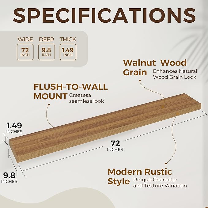 Dreamland 72 Inches Floating Shelves for Wall, 9.8" Deep Long Floating Shelves Set of 1, Large Display & Storage Shelf, Wall Shelf for Bathroom Bedroom Living Room Kitchen Office, Walnut