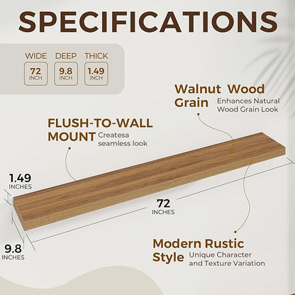 Dreamland 72 Inches Floating Shelves for Wall, 9.8" Deep Long Floating Shelves Set of 1, Large Display & Storage Shelf, Wall Shelf for Bathroom Bedroom Living Room Kitchen Office, Walnut