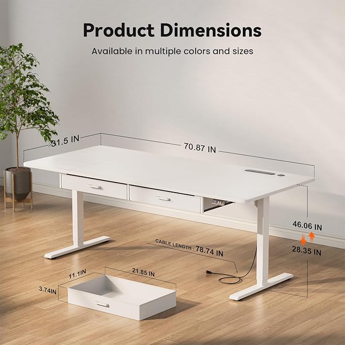 HLDIRECT Electric Standing Desk, Extra Large 71 x 31.5 Inches Height Adjustable Table with Outlets, Sit Stand Computer Desk with Drawers for Home Office, Ergonomic Rising Workstation, White