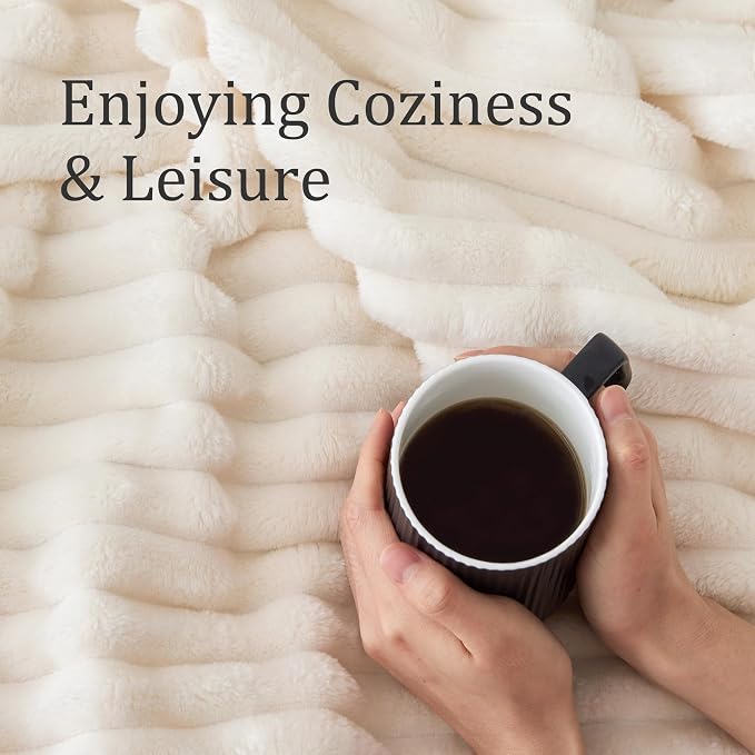 BEDELITE Fleece Throw Blanket for Couch - 300GSM Soft & Warm Fluffy Cream White Blanket, Decorative and Giftable Striped Blankets for Women, Men, 50"x60" (Pack of 2)
