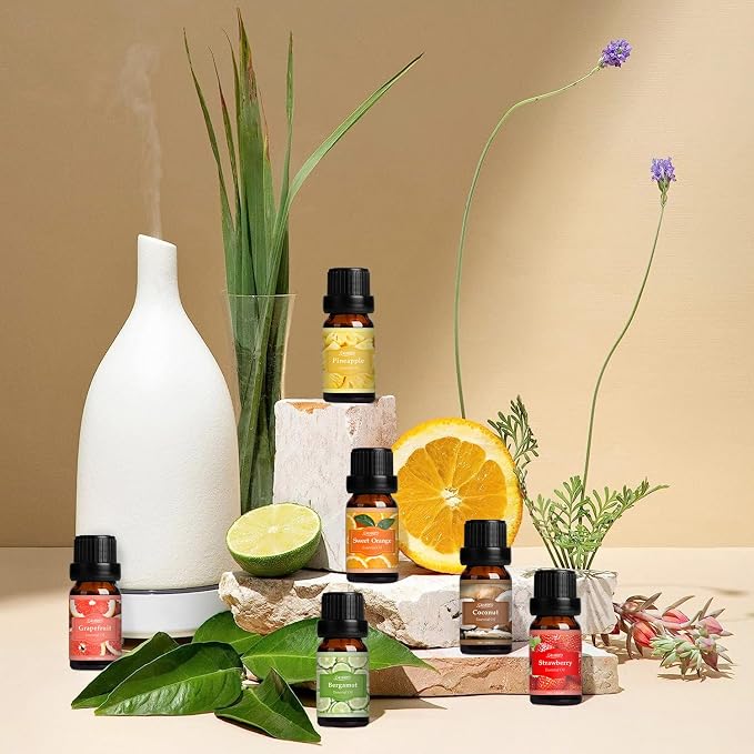 SALUBRITO Fresh Fruit Fragrance Oils Set, Essential Oils for Diffuser, Candle, Soap Making - Strawberry, Sweet Orange, Pineapple, Coconut, Bergamot, Grapefruit, 6X10ml
