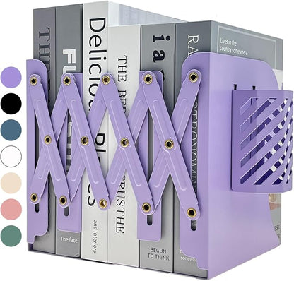 Kingsmile Book Ends, Adjustable Heavy Duty Metal Book Stoppers with Pen Holder for Desk Office Library Kids Room(Purple)