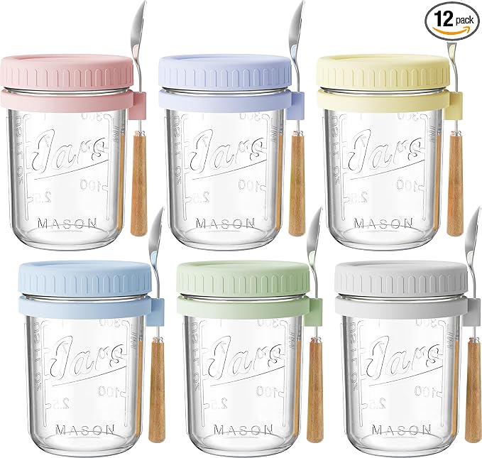 HomArtist 16oz Overnight Oats Containers with Lids and Spoons, 6 Pack Wide Mouth Mason Jars with Airtight Lids, Overnight Oats Jars for Salad, Chia Seed, Cereal, Yogurt