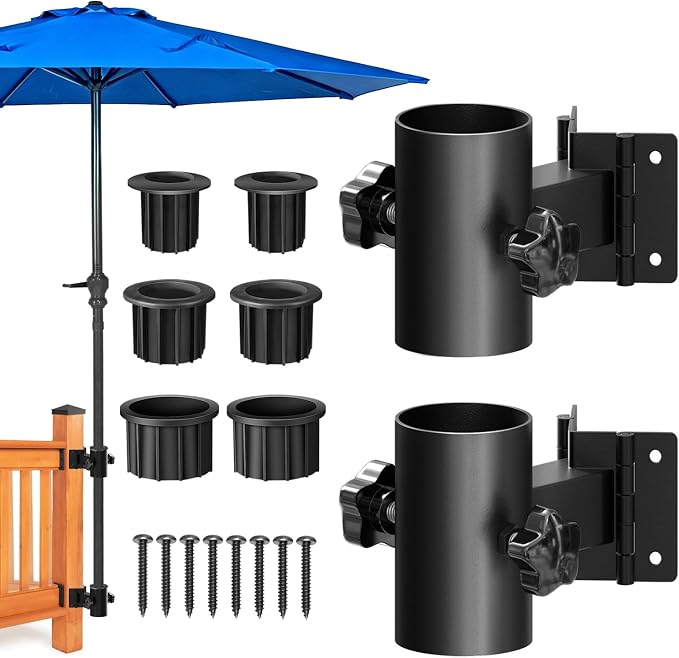 Stainless Steel Deck Umbrella Mount,Heavy Duty Patio Umbrella Holder for Deck Railing (Fit Max OD 2 Inch),Can Be Installed at Right Angles or Flat Surfaces,Black
