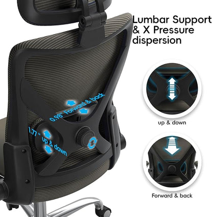 Office Home Ergonomic Desk Chair-Computer X-Shaped Chair Mesh PU Leather with Adjustable Lumbar Support-Executive Chair High Back Flip-Up Arms for Long Hours (Dark Green)