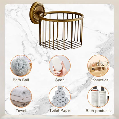 Vintage Toilet Paper Holder Wall Mounted Bathroom Roll Tissue Wire Basket, Antique Brass