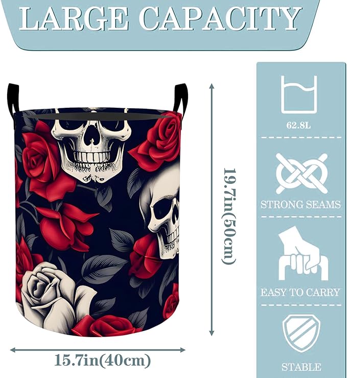 VODRM Skull and Rose Gothic Laundry Basket, Dirty Collapsible Clothes Toy Organizer Hamper for Kids Adults, Oxford Cloth Waterproof Storage Bin for Bedroom Bathroom Halloween Decor Gifts, 19.7"X15.7"