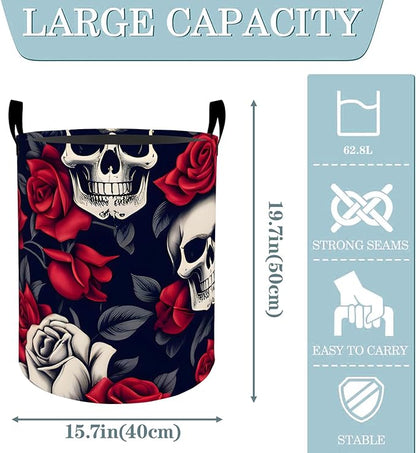 VODRM Skull and Rose Gothic Laundry Basket, Dirty Collapsible Clothes Toy Organizer Hamper for Kids Adults, Oxford Cloth Waterproof Storage Bin for Bedroom Bathroom Halloween Decor Gifts, 19.7"X15.7"